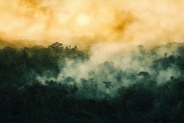 Fototapeta premium Misty Jungle Landscape at Sunrise with Golden Sky and Trees