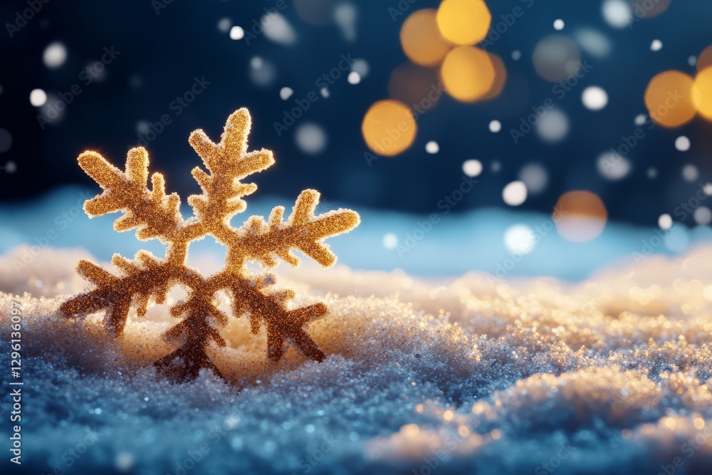 Aufkleber snowflake on sparkling snow with soft bokeh lights in the background during winter evening
