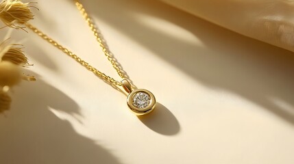A minimalistic gold pendant necklace with a small diamond center, resting on a white surface