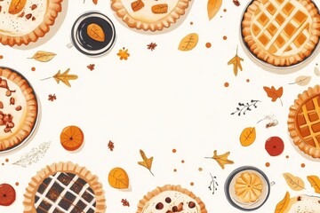 Autumn Dessert Table with Pies, Coffee, Leaves, and Decorative Elements