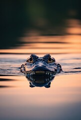 Obraz premium Majestic Crocodile Swimming Gracefully in Calm Waters at Sunset, Capturing Nature's Beauty and Raw Wildlife Essence