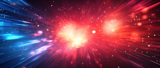 Naklejka premium Abstract cosmic explosion with red and blue light streaks, representing a supernova or big bang event in deep space Concept of science, energy, and the universe