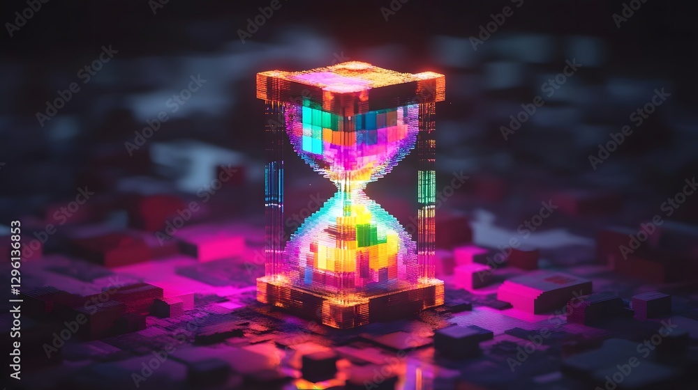Aufkleber colorful hourglass made of pixels glowing in a digital landscape with abstract shapes in the backgro
