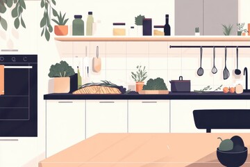 Modern Minimalist Kitchen with Fresh Vegetables and Greenery