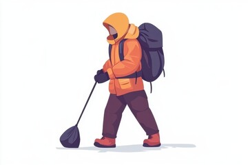 Obraz premium Person Walking with Backpack in Winter Jacket and Hat