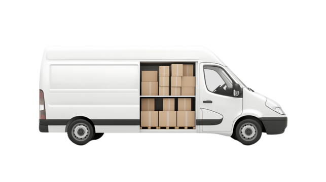 White Delivery Van Filled With Cardboard Boxes on Transparent Background, PNG