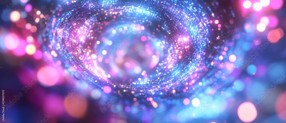 Poster abstract cosmic vortex with swirling blue and pink light particles, creating a dreamy and magical ga