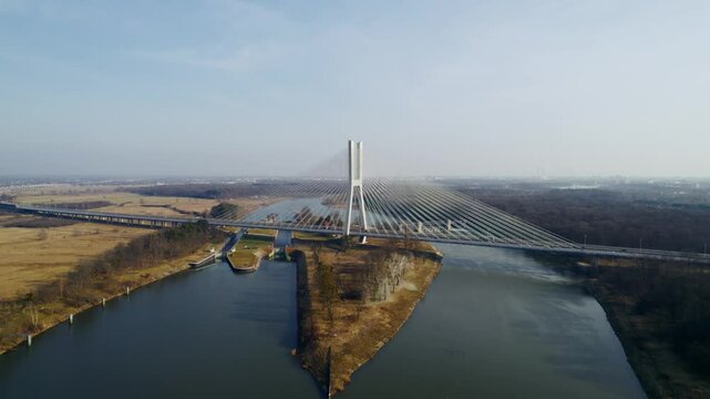 Drone view of Rędzin Bridge, the biggest in Poland, over the Odra River