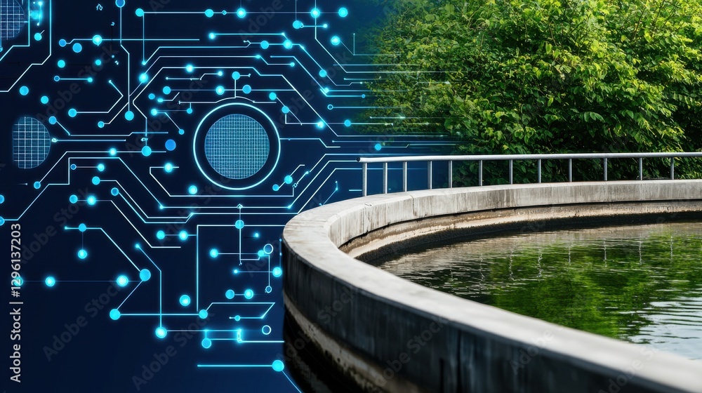 Poster a futuristic scene combining nature and technology, featuring a curved water structure alongside dig