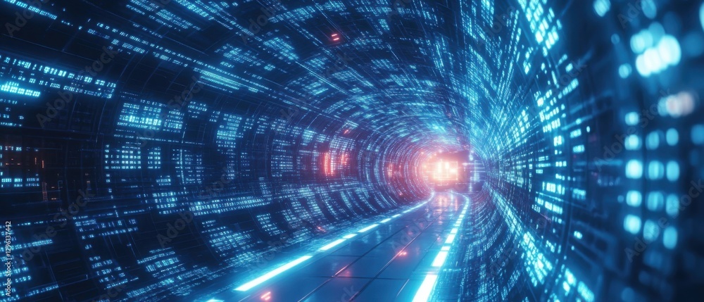 Poster futuristic data tunnel with glowing blue neon lights, representing digital transformation and highsp