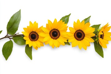 Obraz premium A horizontal sunflower garland on a white background, in PNG format, ultra-realistic photography