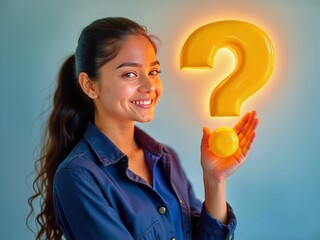 A student stands before a glowing question mark, ready to unlock the mysteries of knowledge and the future. 