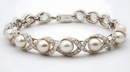 A fine bracelet featuring alternating pearls and diamonds, displayed elegantly on a white background