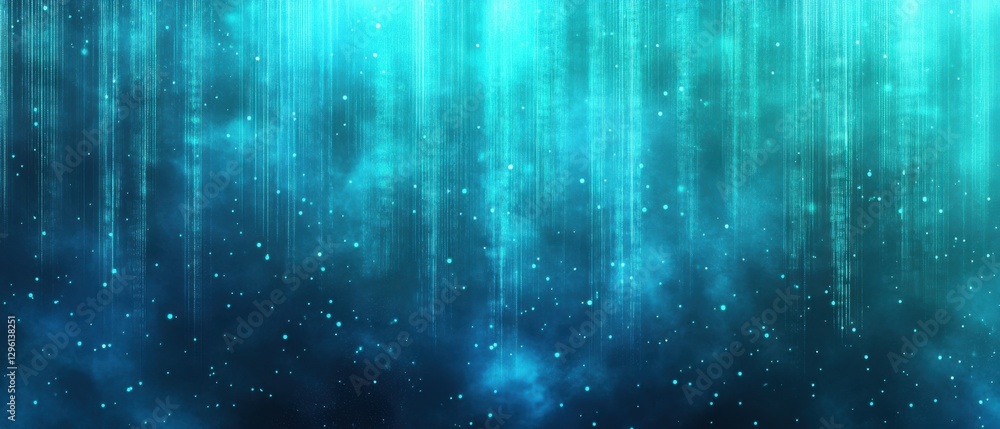 Poster abstract teal and blue cosmic background with glowing particles and light streaks, creating a dreamy