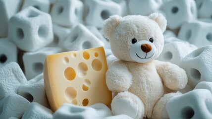 Cute teddy bear with cheese slice among white foam packing peanuts for playful composition