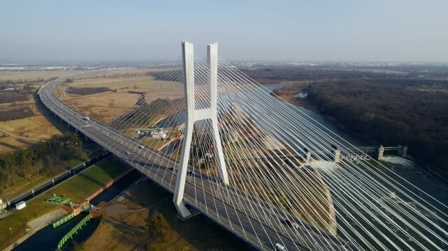 Majestic drone shot of Rędzin Bridge stretching over the Odra River