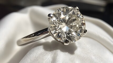 A large solitaire diamond ring with a platinum band, displayed on a pristine white cloth