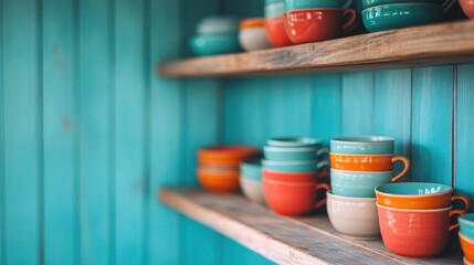 Ceramic cups displayed on rustic shelves modern kitchen bright environment close-up home decor inspiration