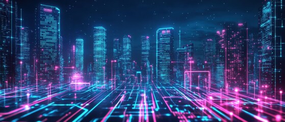 Futuristic neon cityscape with glowing data streams, showcasing digital network and cyberpunk architecture at night Concept of technology, connectivity, and virtual reality