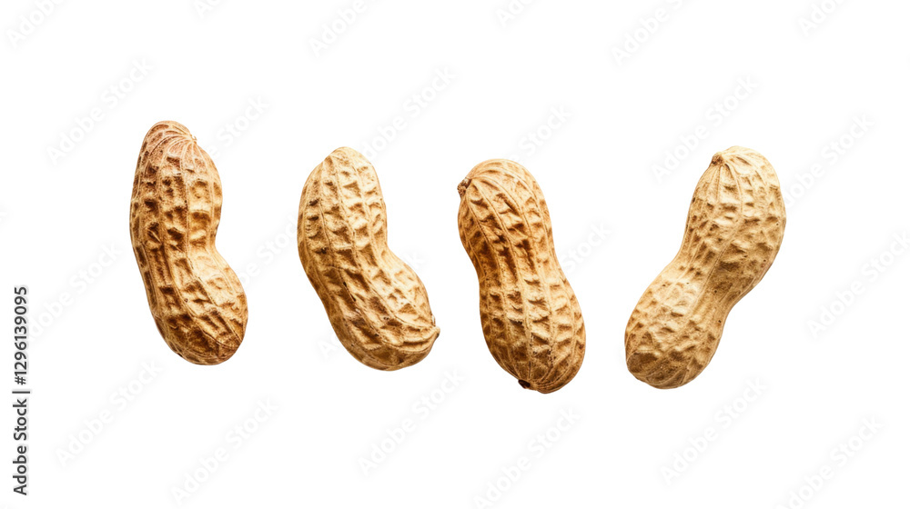 Poster four peanuts in shells falling on transparent background