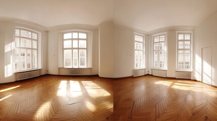 Sunlit empty room with hardwood floors and large windows, showing two perspectives.