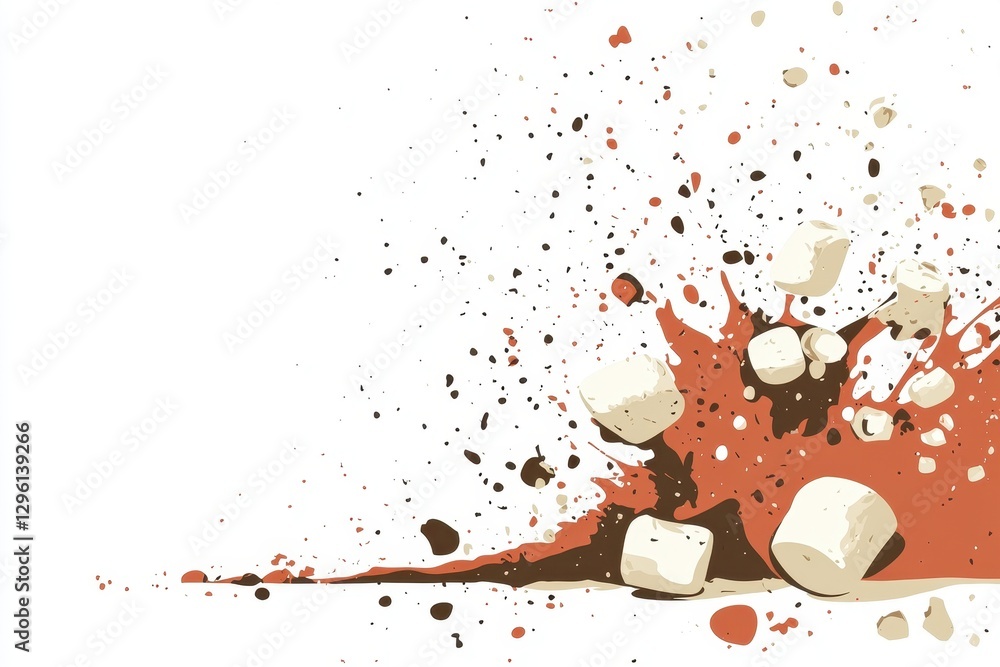 Poster abstract artistic splash of color with marshmallows and paint droplets