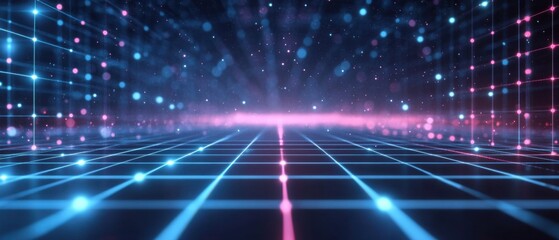 Obraz premium Abstract futuristic grid landscape with glowing neon lights, representing digital technology, virtual reality, and the metaverse concept