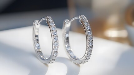 A pair of diamond hoop earrings with a polished finish, displayed on a white surface