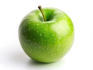 A miniature green apple, tilted, isolated on white, captures fresh fruit's charm in a whimsical tilt-shift photo.