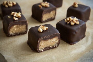 Delicious Chocolate Treats with Nut Topping on a Parchment Bakery Sheet