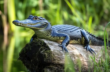 Naklejka premium Majestic Freshwater Crocodile Relaxing on a Log by the Water Surrounded by Lush Greenery and Reflections in the Calm Surface of the Water