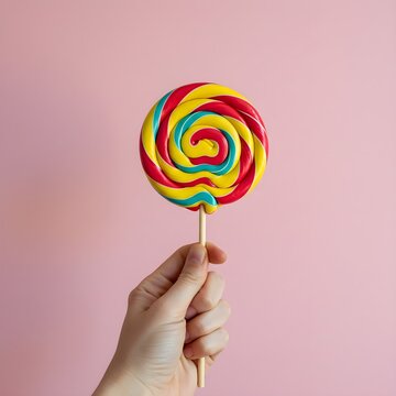 Mano sosteniendo una piruleta espiral de colores: un concepto divertido y l&uacute;dico