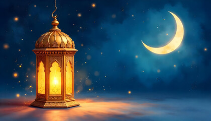Islamic ramadan lantern and crescent watercolor