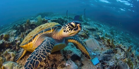 Obraz premium Underwater view of sea turtle surrounded by coral reefs.