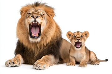 Fototapeta premium A lion and its cub sitting together, both with mouths open, roaring, isolated on a white background, high-resolution photography