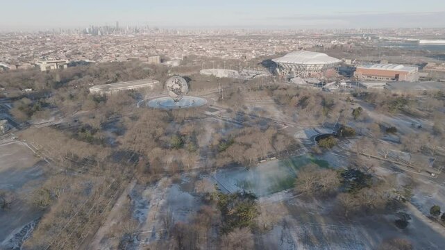 Aerial view of The Unisphere in Flushing Meadows Corona Park. Shot on a winter morning in Queens, New York City.