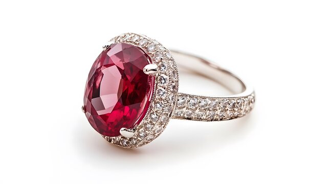 A sparkling ruby ring with a diamond-encrusted band, set against a pure white background