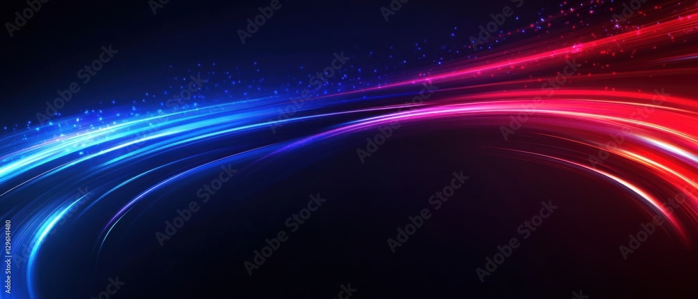 Poster abstract background with dynamic red and blue light trails, energy flow and glowing particles on dar