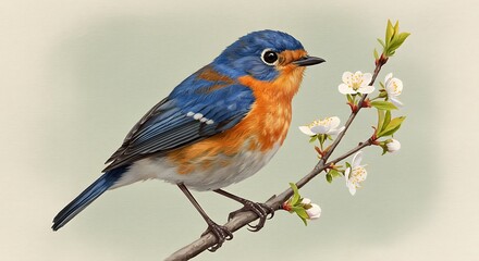 Naklejka premium Charming Little Bird on Blossom Branch Painting 