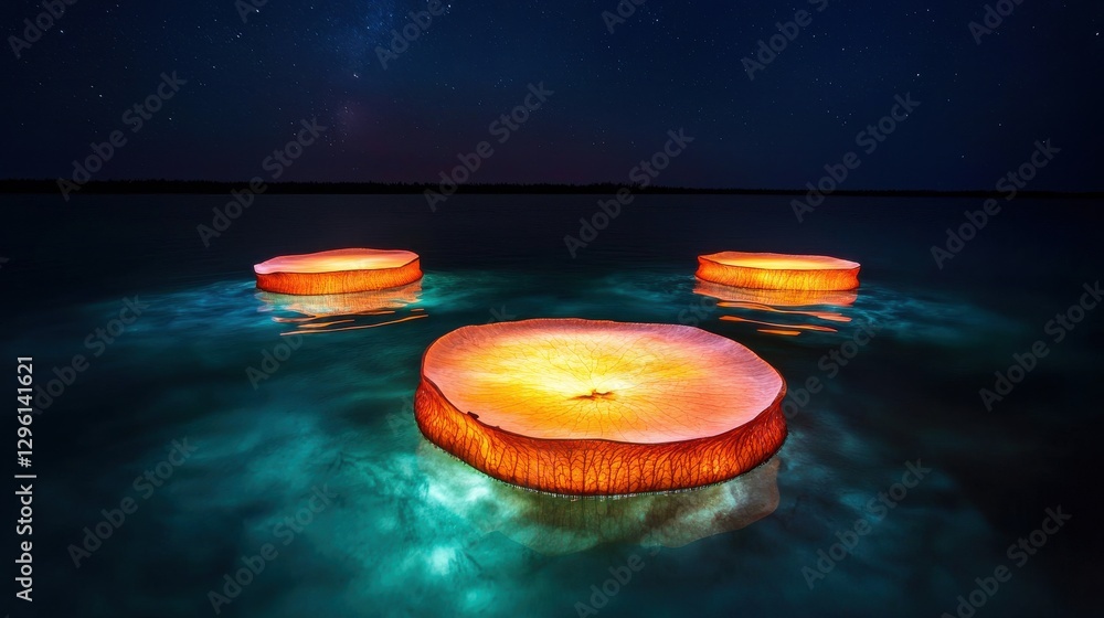 Poster three luminous jellyfish float serenely in dark waters, illuminated against a starry sky, creating a