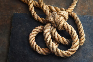 Obraz premium Detailed Close-Up of Knotted Natural Rope on Dark Background for Artistic and Nautical Themes