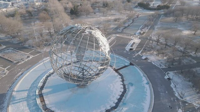 Aerial view of The Unisphere in Flushing Meadows Corona Park. Shot on a winter morning in Queens, New York City.