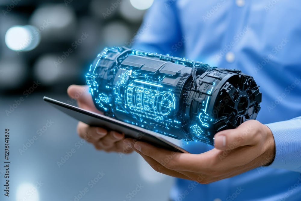 Poster a man in a blue shirt holding a tablet with a hologram electric vehicle system concept on the screen