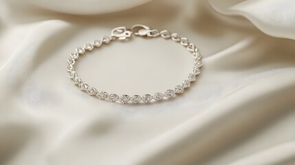 Fototapeta premium A delicate diamond bracelet with a sleek design, laid out on a white fabric background