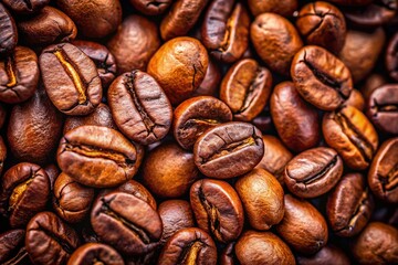 Fototapeta premium Aromatic Coffee Beans Close-Up: Rich Brown Roasted Coffee Bean Background Texture