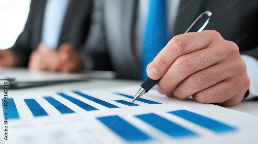Poster a professional analyzing a report with blue bar graphs, indicating progress or financial data, using
