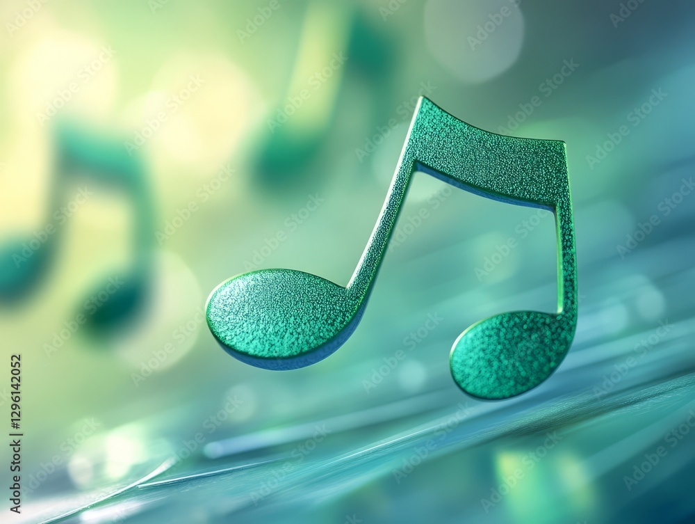 Poster vibrant green musical note on abstract background with soft bokeh and colorful lights