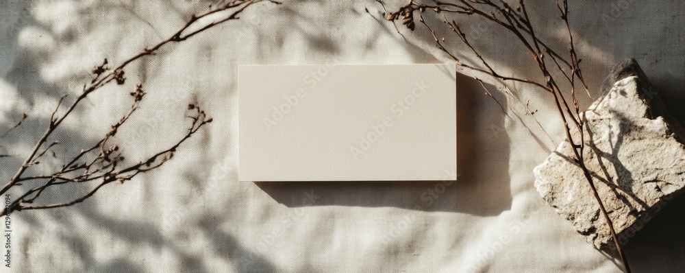 Poster soft shadows cast on a blank card with branches on a textured fabric surface during golden hour ligh