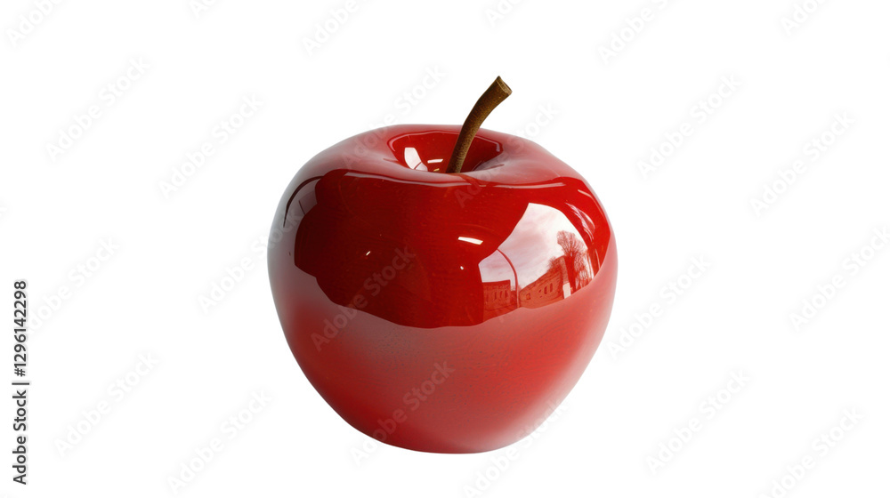 Poster red apple rotating on transparent background with stem and reflection