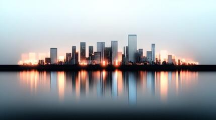 Fototapeta premium Sunset reflection over urban skyline cityscape digital art calm water aerial view serenity